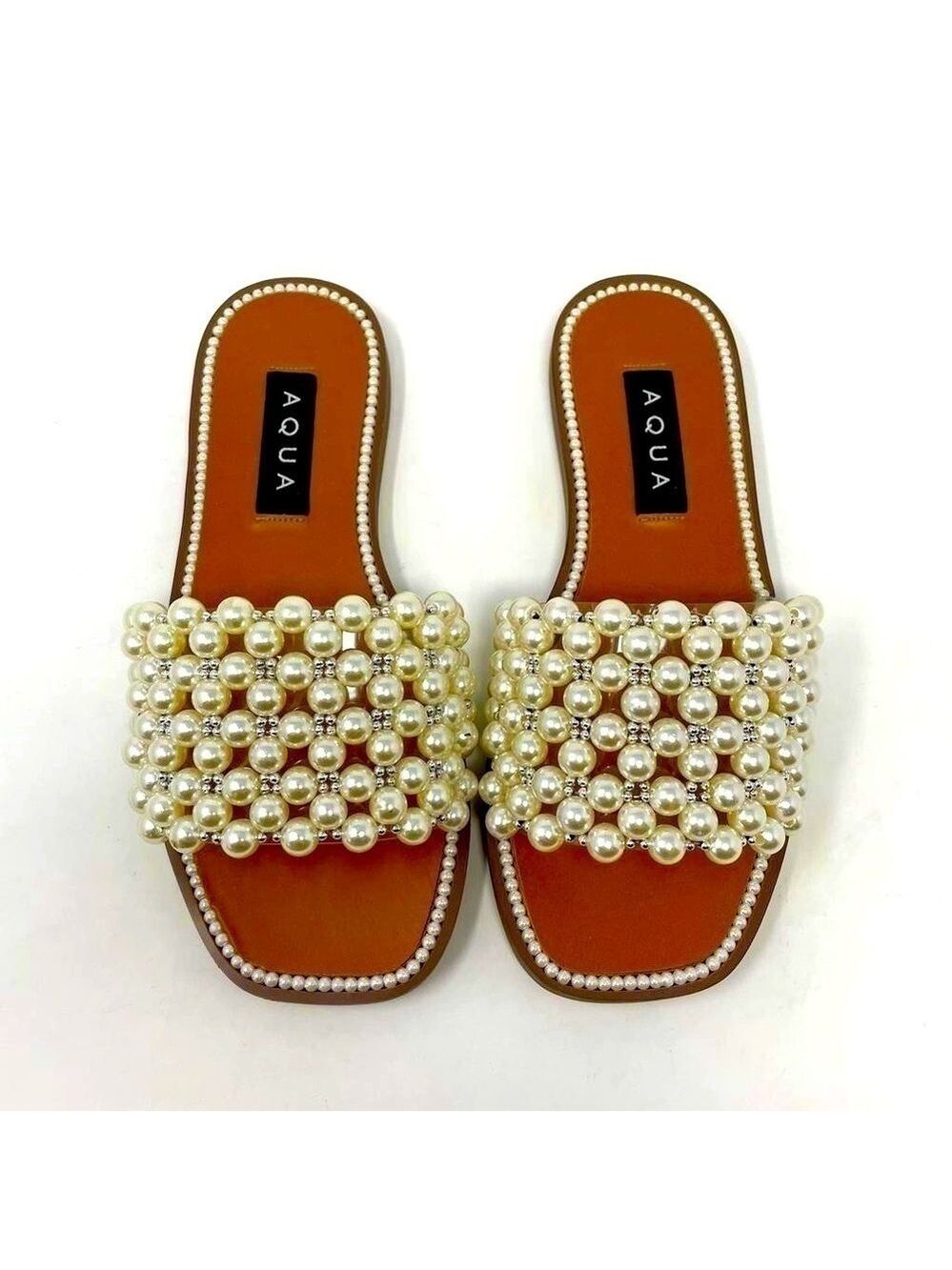 NIB Aqua Bride Pearl Beaded Flat Slide Sandals
